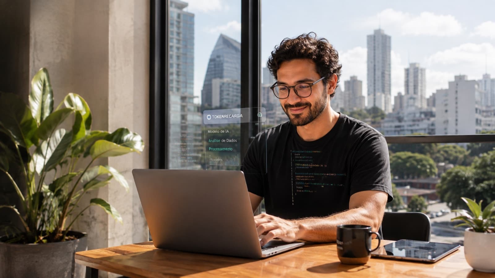 Desenvolvedor trabalhando em um notebook, com São Paulo ao fundo